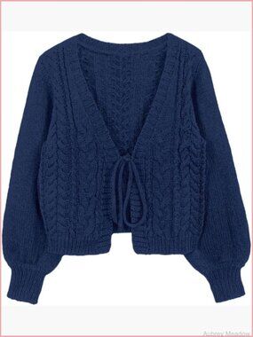Womens Tie Front Bow Cardigan Sweater Cropped Cable Knit Long Sleeve V-Neck